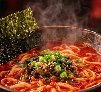 ねぎと一味をのせたユッケジャン麺
