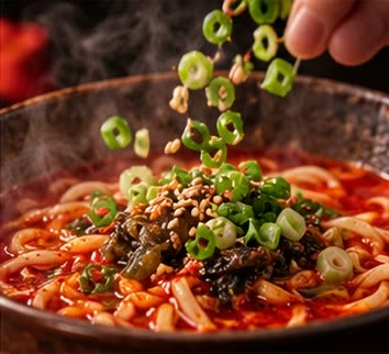 スープと麺の上に青ねぎを散らしている